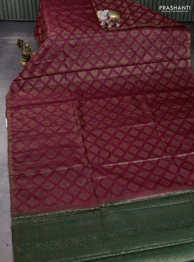 Banarasi tussar silk saree maroon and green with allover thread & zari woven geomatric buttas and small woven border
