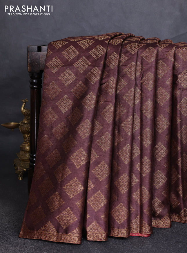 Banarasi tussar silk saree brown and maroon with allover thread & zari woven geomatric buttas and small woven border