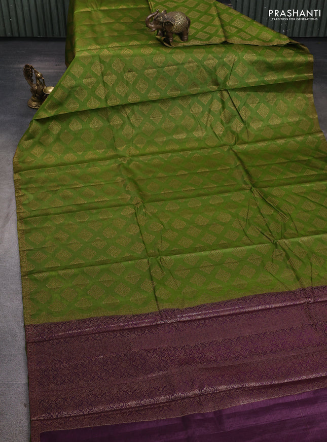 Banarasi tussar silk saree mehendi green and wine shade with allover thread & zari woven buttas and small woven border