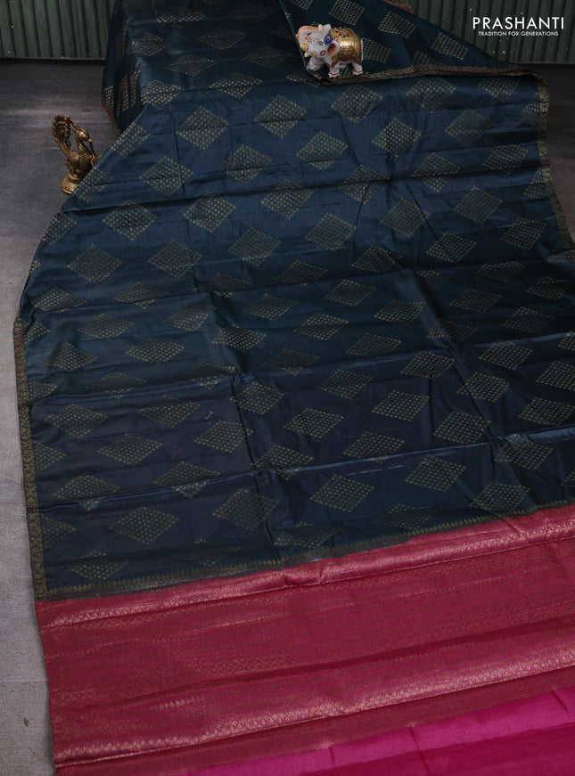 Banarasi tussar silk saree peacock green and magenta pink with allover thread & zari woven buttas and small woven border