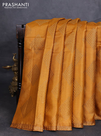 Banarasi tussar silk saree mustard yellow and maroon with allover thread & zari woven buttas and small woven border