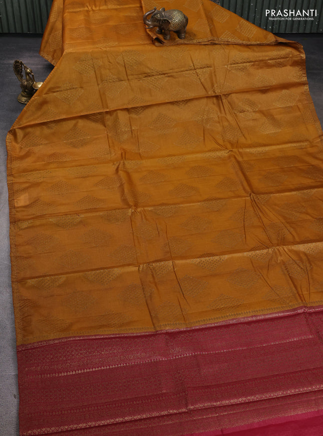 Banarasi tussar silk saree mustard yellow and maroon with allover thread & zari woven buttas and small woven border