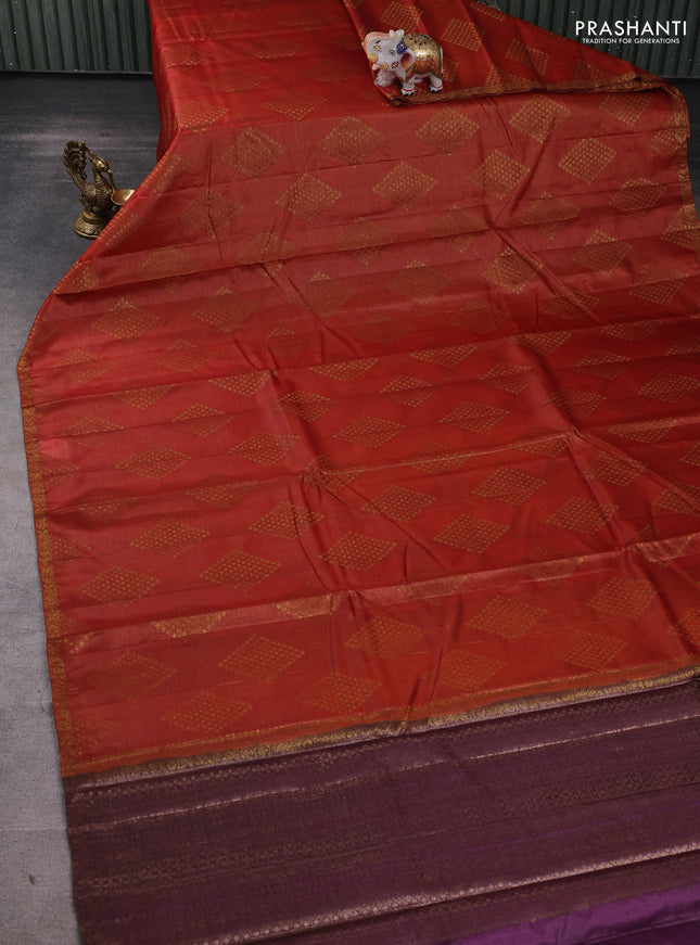 Banarasi tussar silk saree rustic orange and wine shade with allover thread & zari woven geomatric buttas and small woven border