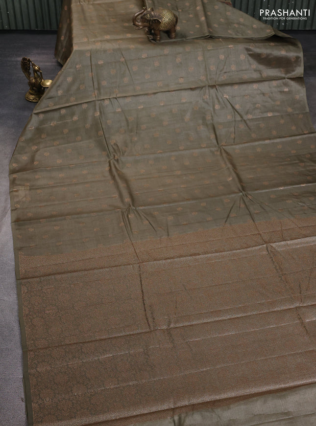 Banarasi tussar silk saree elachi green with allover thread & zari woven buttas in borderless style