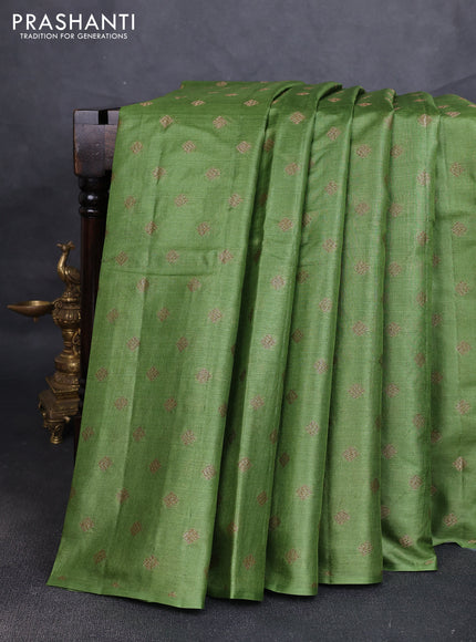 Banarasi tussar silk saree mehendi green with allover thread & zari woven buttas in borderless style
