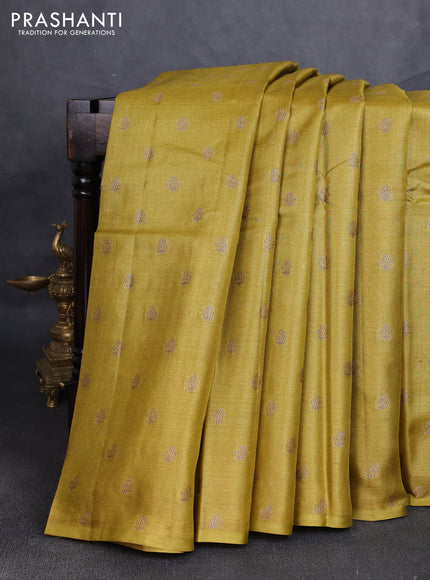 Banarasi tussar silk saree mustard green with allover thread & zari woven buttas in borderless style