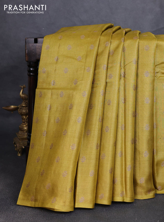 Banarasi tussar silk saree mustard green with allover thread & zari woven buttas in borderless style