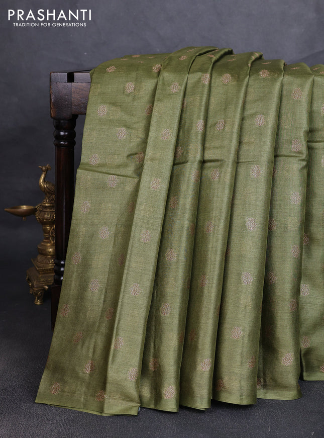 Banarasi tussar silk saree sap green with allover thread & zari woven buttas in borderless style