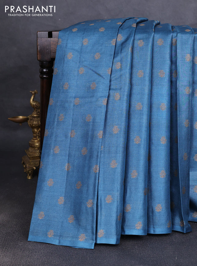 Banarasi tussar silk saree peacock blue with allover thread & zari woven buttas in borderless style