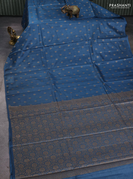 Banarasi tussar silk saree peacock blue with allover thread & zari woven buttas in borderless style