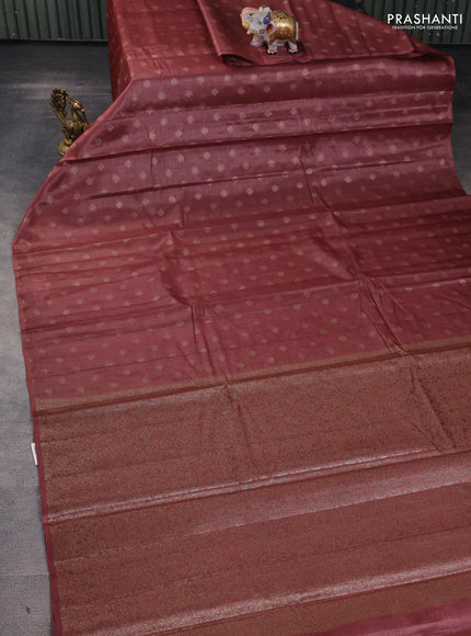 Banarasi tussar silk saree dark peach with allover thread & zari woven buttas in borderless style