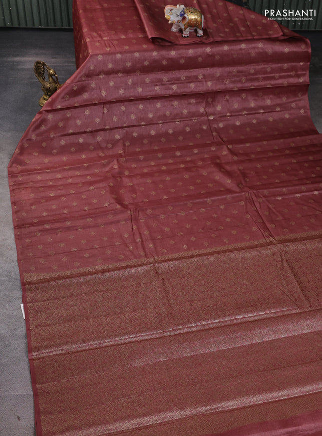 Banarasi tussar silk saree dark peach with allover thread & zari woven buttas in borderless style