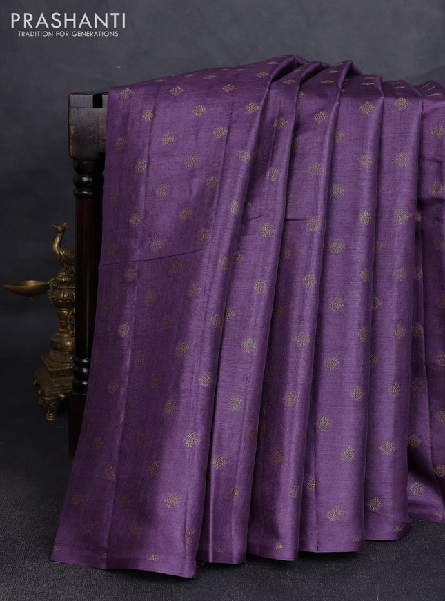 Banarasi tussar silk saree wine shade with allover thread & zari woven buttas in borderless style
