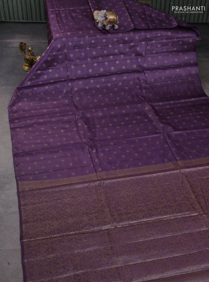 Banarasi tussar silk saree wine shade with allover thread & zari woven buttas in borderless style