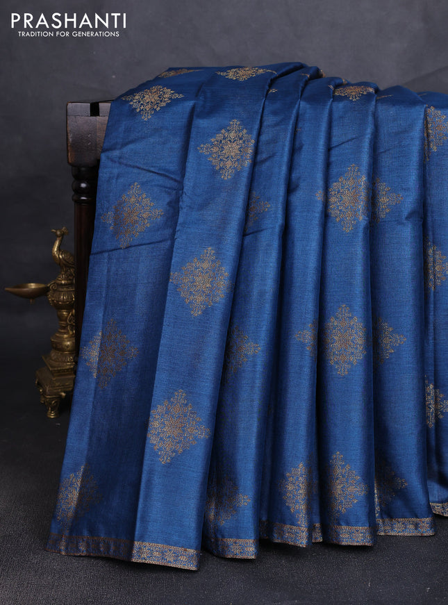 Banarasi tussar silk saree peacock blue with allover thread & zari woven buttas and small woven border