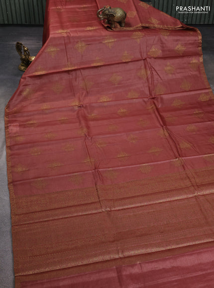 Banarasi tussar silk saree dark peach with allover thread & zari woven buttas and small woven border