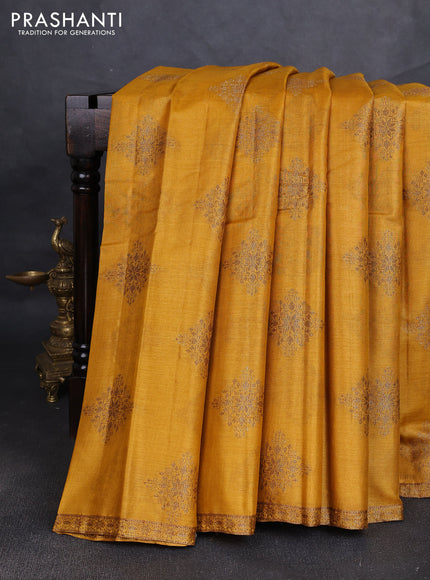 Banarasi tussar silk saree mustard yellow with allover thread & zari woven buttas and small woven border