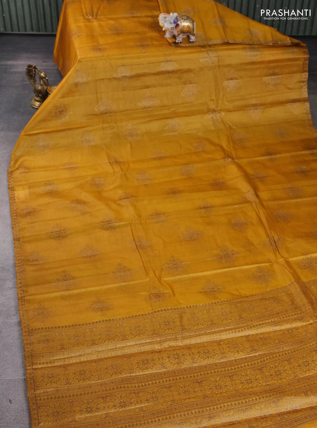 Banarasi tussar silk saree mustard yellow with allover thread & zari woven buttas and small woven border