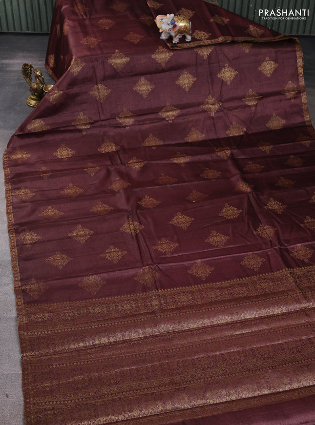 Banarasi tussar silk saree coffee brown with allover thread & zari woven buttas and small woven border