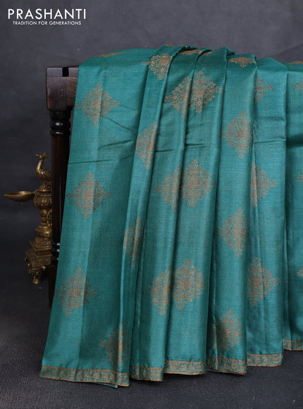Banarasi tussar silk saree teal green with allover thread & zari woven buttas and small woven border