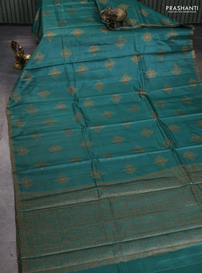 Banarasi tussar silk saree teal green with allover thread & zari woven buttas and small woven border