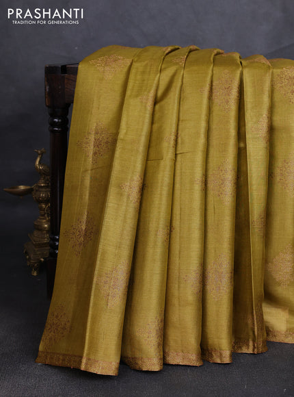 Banarasi tussar silk saree mustard green with allover thread & zari woven buttas and small woven border