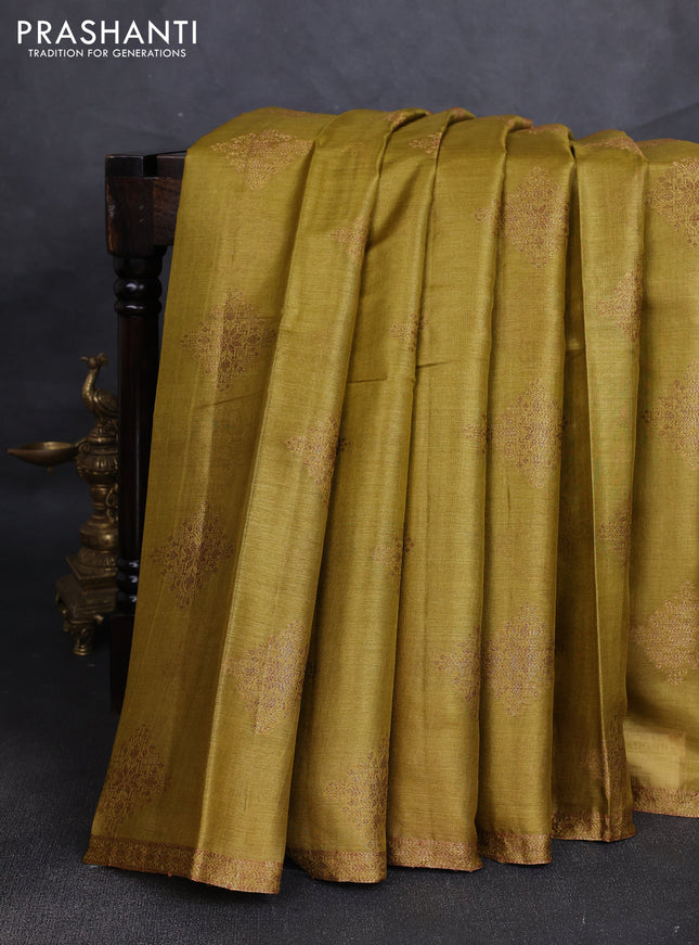 Banarasi tussar silk saree mustard green with allover thread & zari woven buttas and small woven border