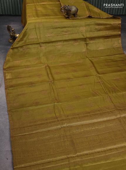 Banarasi tussar silk saree mustard green with allover thread & zari woven buttas and small woven border