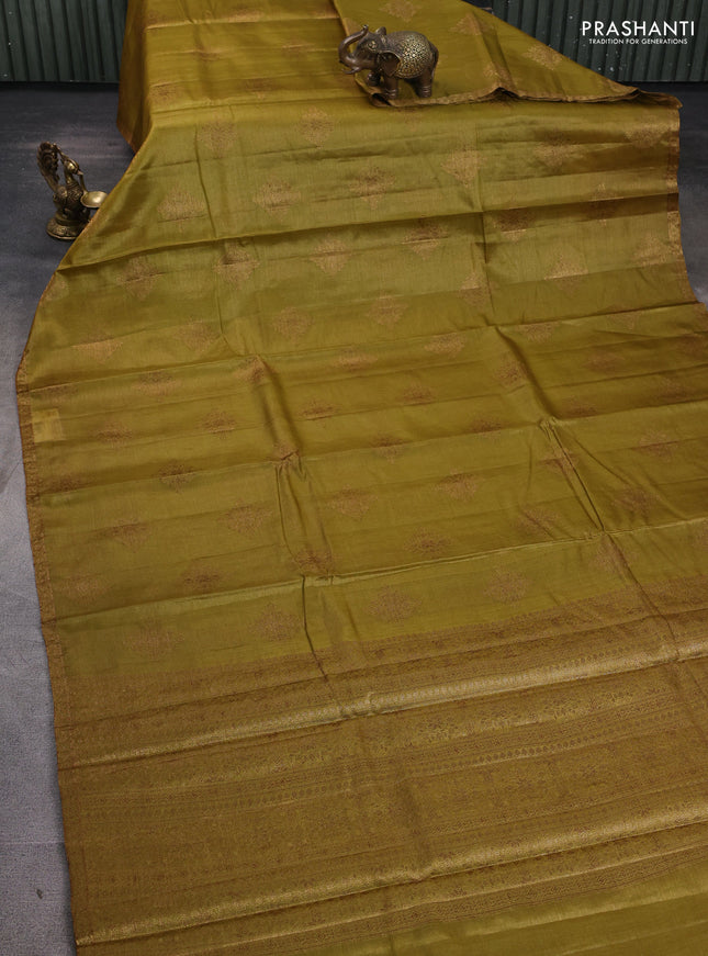 Banarasi tussar silk saree mustard green with allover thread & zari woven buttas and small woven border