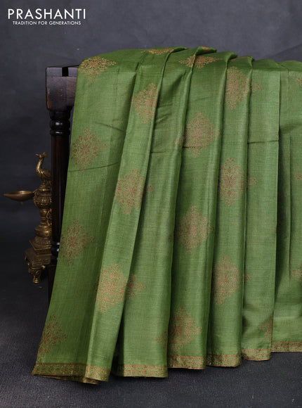 Banarasi tussar silk saree mehendi green with allover thread & zari woven buttas and small woven border
