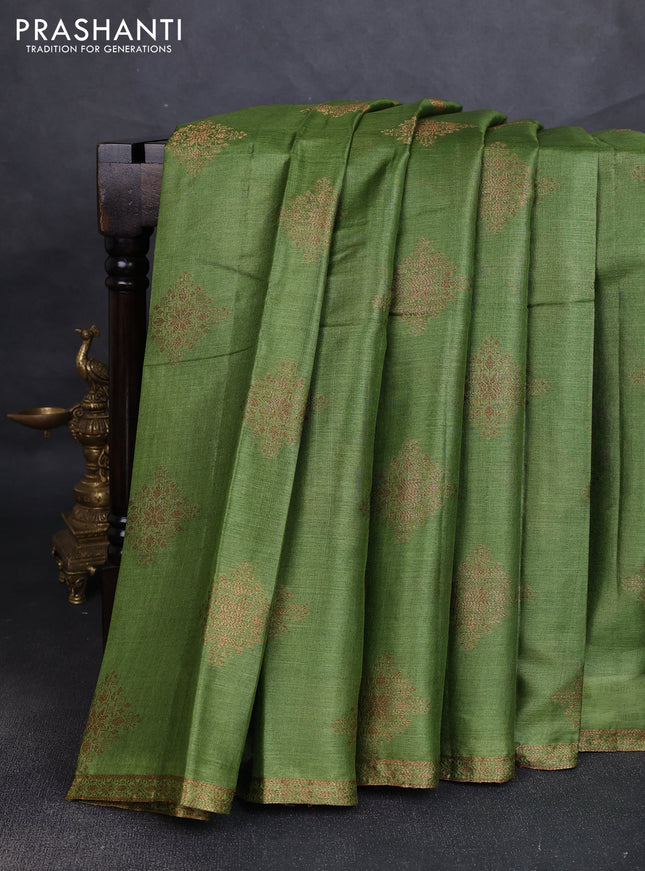 Banarasi tussar silk saree mehendi green with allover thread & zari woven buttas and small woven border