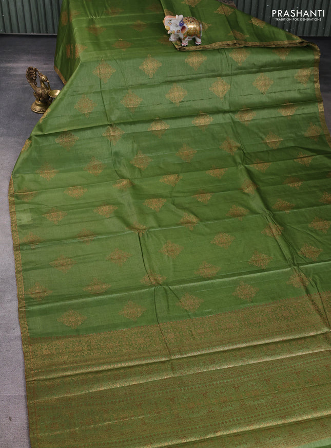 Banarasi tussar silk saree mehendi green with allover thread & zari woven buttas and small woven border