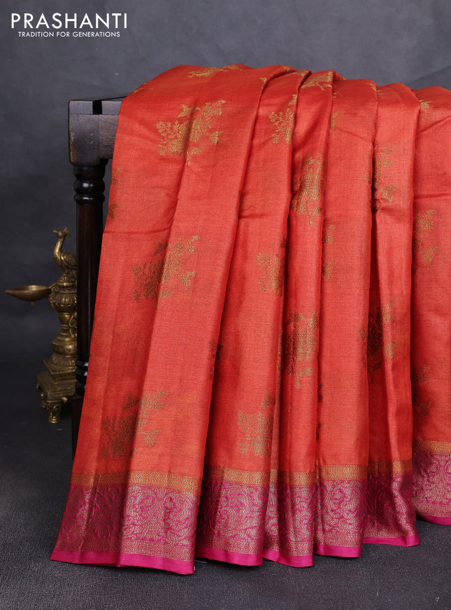 Banarasi tussar silk saree rustic orange and pink with allover thread & zari woven buttas