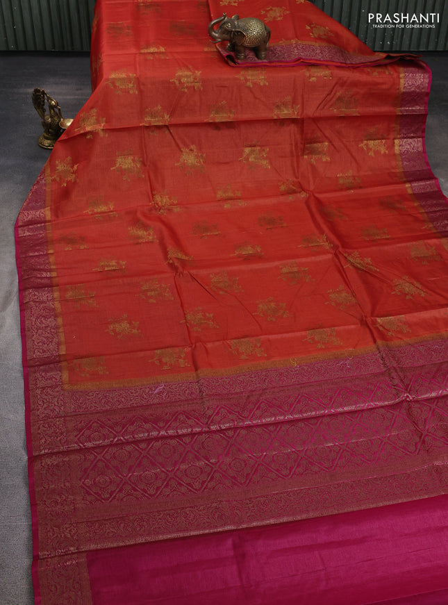 Banarasi tussar silk saree rustic orange and pink with allover thread & zari woven buttas