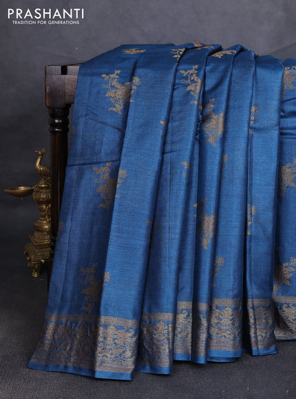 Banarasi tussar silk saree peacock blue with allover thread & zari woven buttas and woven border