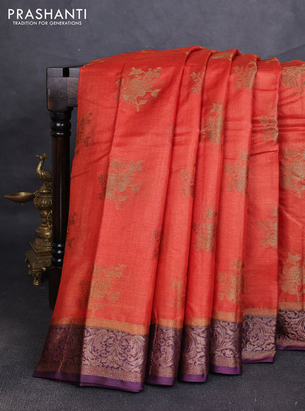 Banarasi tussar silk saree rustic orange and wine shade with allover thread & zari woven buttas and woven border
