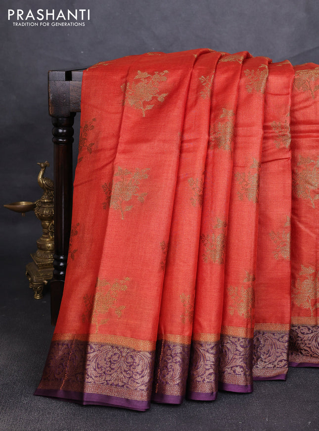 Banarasi tussar silk saree rustic orange and wine shade with allover thread & zari woven buttas and woven border