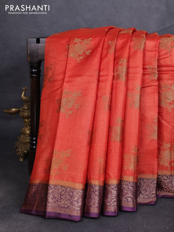 Banarasi tussar silk saree rustic orange and wine shade with allover thread & zari woven buttas and woven border