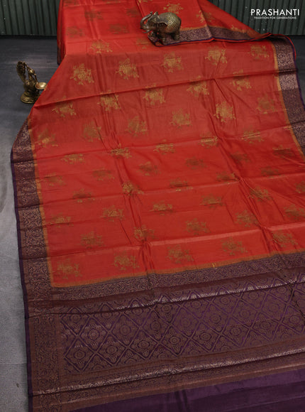 Banarasi tussar silk saree rustic orange and wine shade with allover thread & zari woven buttas and woven border