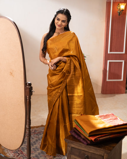 Banarasi tussar silk saree mustard yellow with allover thread & zari woven buttas and woven border