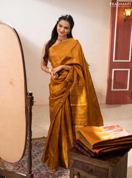 Banarasi tussar silk saree mustard yellow with allover thread & zari woven buttas and woven border