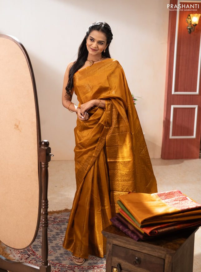 Banarasi tussar silk saree mustard yellow with allover thread & zari woven buttas and woven border