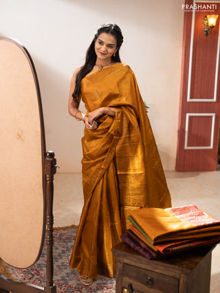 Banarasi tussar silk saree mustard yellow with allover thread & zari woven buttas and woven border
