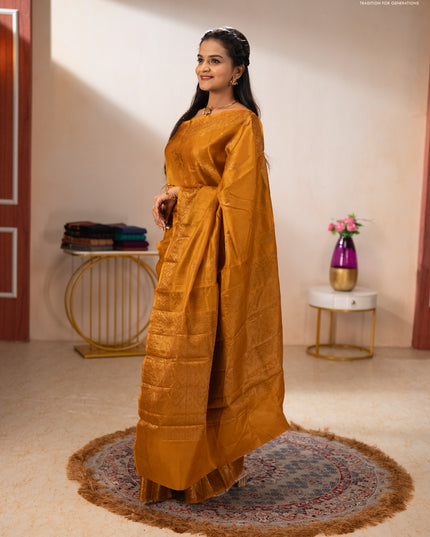 Banarasi tussar silk saree mustard yellow with allover thread & zari woven buttas and woven border