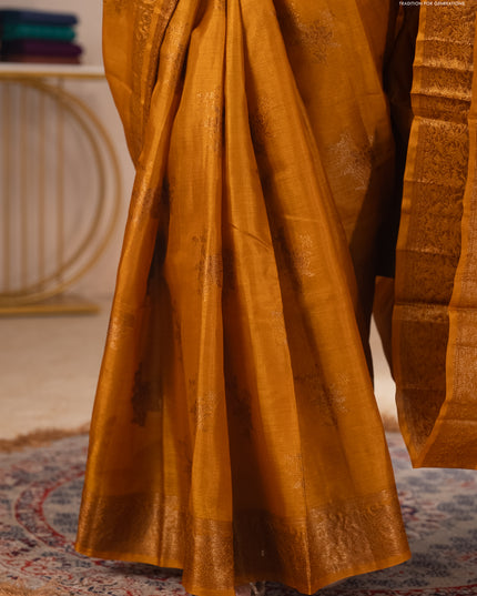 Banarasi tussar silk saree mustard yellow with allover thread & zari woven buttas and woven border