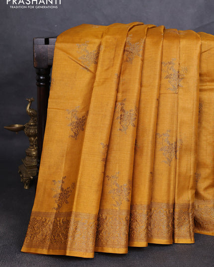 Banarasi tussar silk saree mustard yellow with allover thread & zari woven buttas and woven border