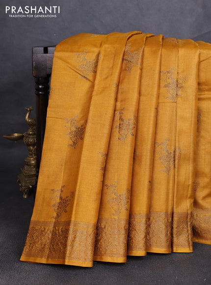 Banarasi tussar silk saree mustard yellow with allover thread & zari woven buttas and woven border