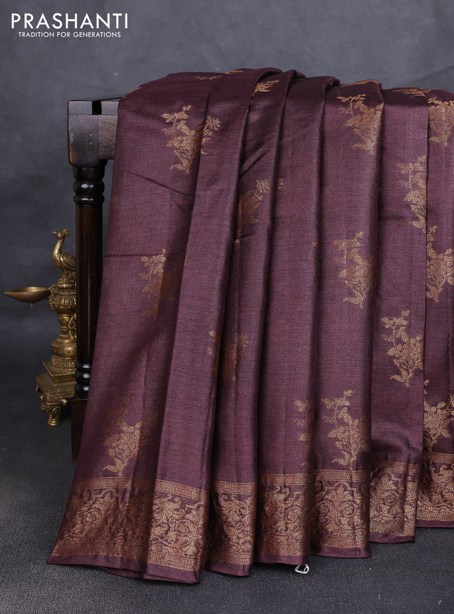Banarasi tussar silk saree coffee brown with allover thread & zari woven buttas and woven border