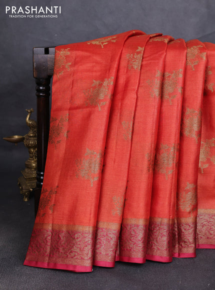 Banarasi tussar silk saree rustic orange and maroon with allover thread & zari woven buttas and woven border