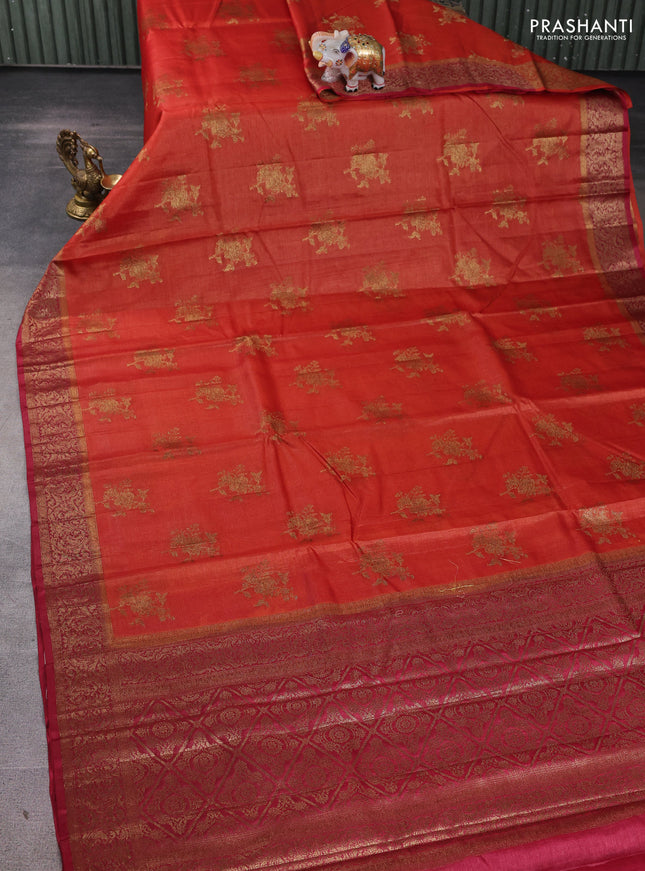 Banarasi tussar silk saree rustic orange and maroon with allover thread & zari woven buttas and woven border